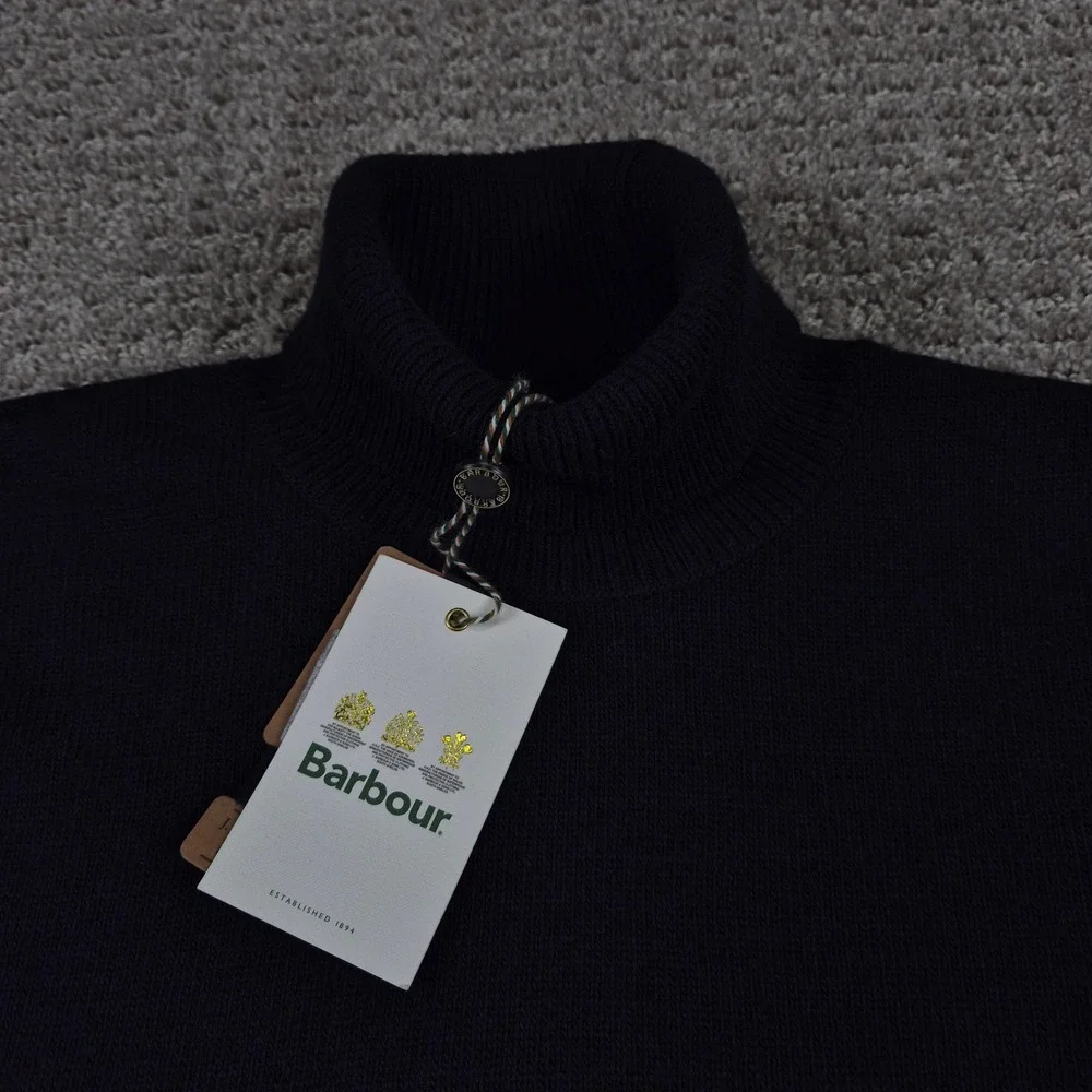Barbour Sweater Mens S Navy Blue Leahill Roll Neck Wool Cotton Pullover NWT